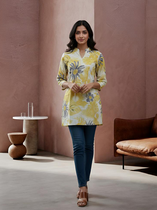 Cotton floral printed short kurta